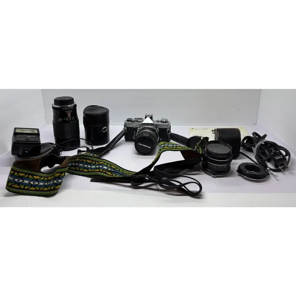 Olympus OM-1 SLR 35mm Film Camera + Lenses Battery Inspected Meter Works Silver